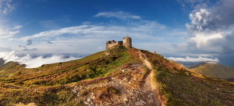 Panorama of old observatory ruins at Carpathian mountains